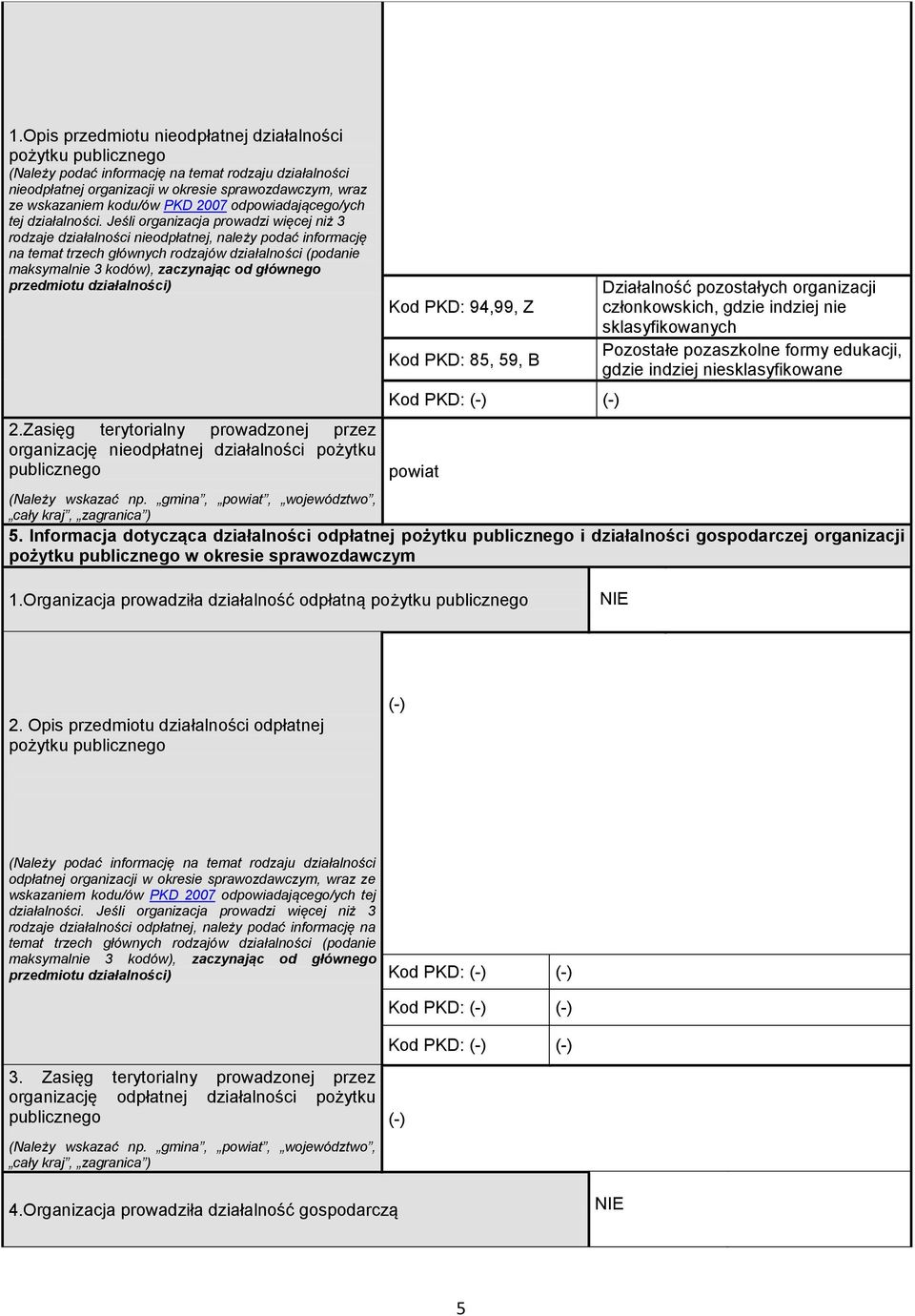 Jeśli organizacja proadzi ięcej niż 3 rodzaje działalności nieodpłatnej, należy podać informację na temat trzech głónych rodzajó działalności (podanie maksymalnie 3 kodó), zaczynając od głónego