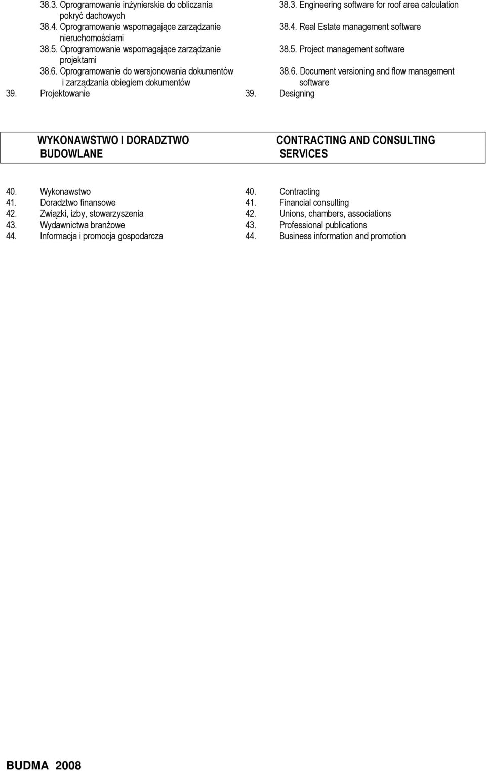 Projektowanie 39. Designing WYKONAWSTWO I DORADZTWO BUDOWLANE CONTRACTING AND CONSULTING SERVICES 40. Wykonawstwo 40. Contracting 41. Doradztwo finansowe 41. Financial consulting 42.