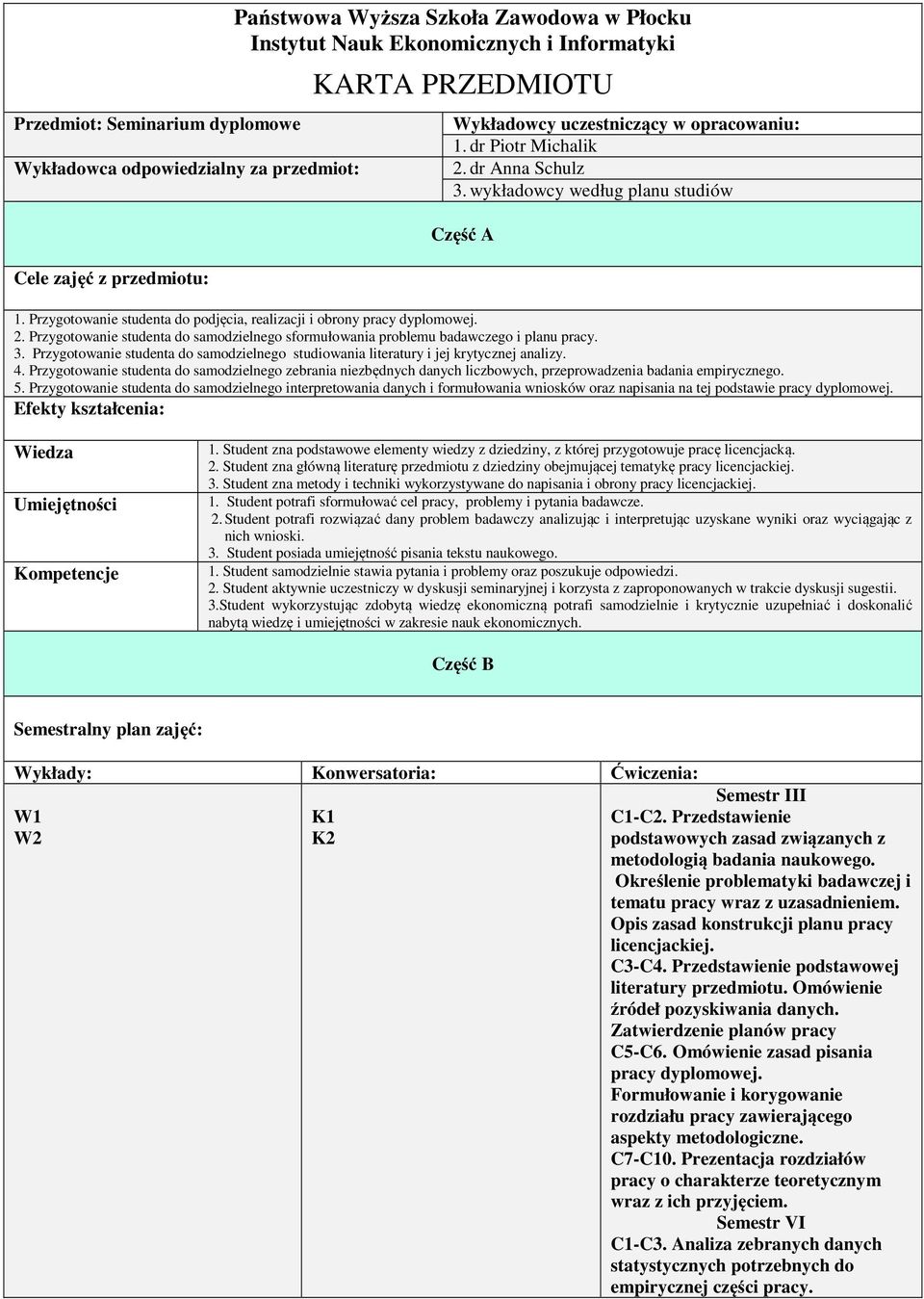 2. Przygotowanie studenta do samodzielnego sformułowania problemu badawczego i planu pracy. 3. Przygotowanie studenta do samodzielnego studiowania literatury i jej krytycznej analizy. 4.