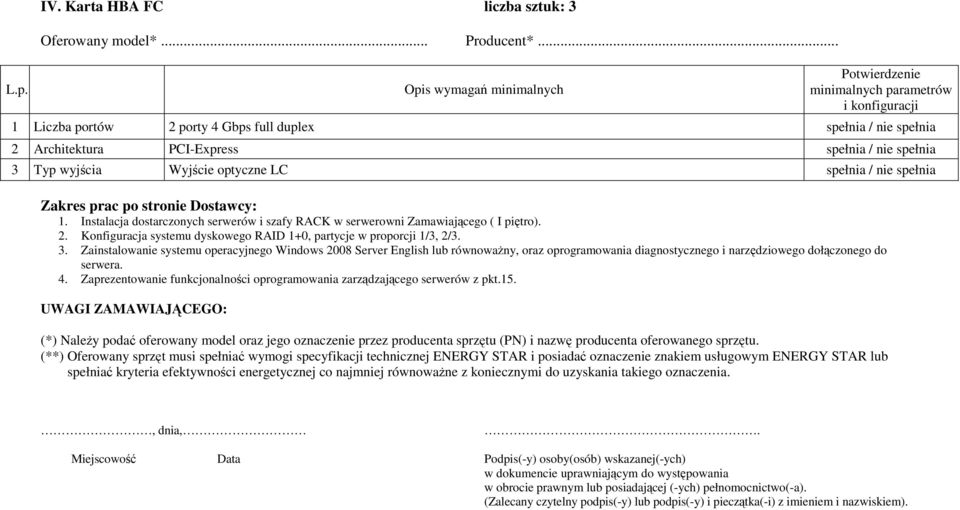 stronie Dostawcy: 1. Instalacja dostarczonych serwerów i szafy RACK w serwerowni Zamawiającego ( I piętro). 2. Konfiguracja systemu dyskowego RAID 1+0, partycje w proporcji 1/3, 2/3. 3.