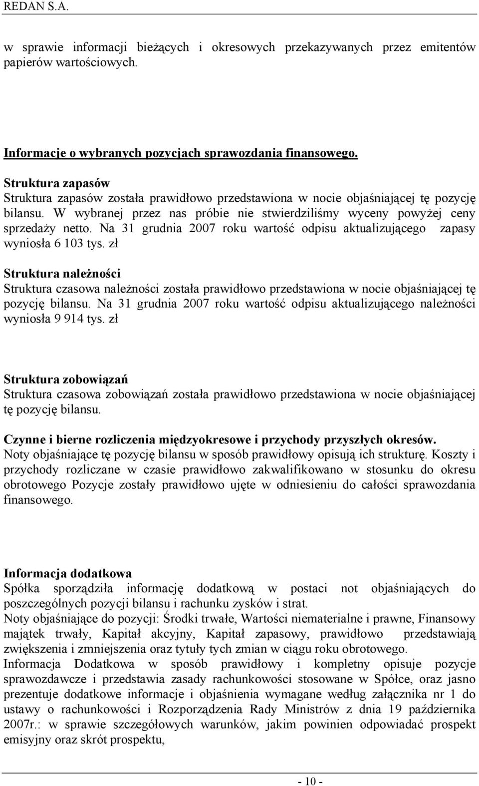 Na 31 grudnia 2007 roku wartość odpisu aktualizującego zapasy wyniosła 6 103 tys.