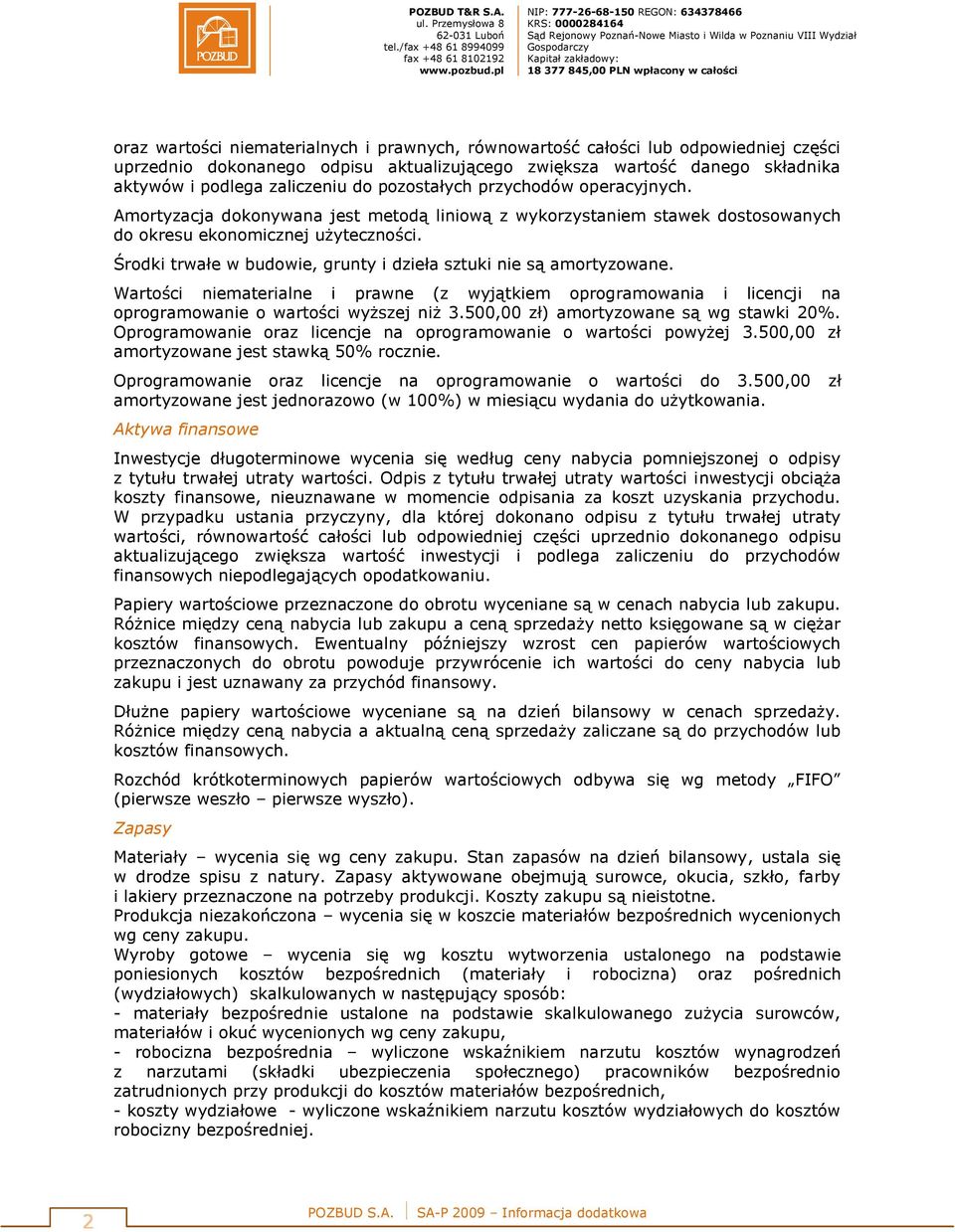 Środki trwałe w budowie, grunty i dzieła sztuki nie są amortyzowane. Wartości niematerialne i prawne (z wyjątkiem oprogramowania i licencji na oprogramowanie o wartości wyższej niż 3.