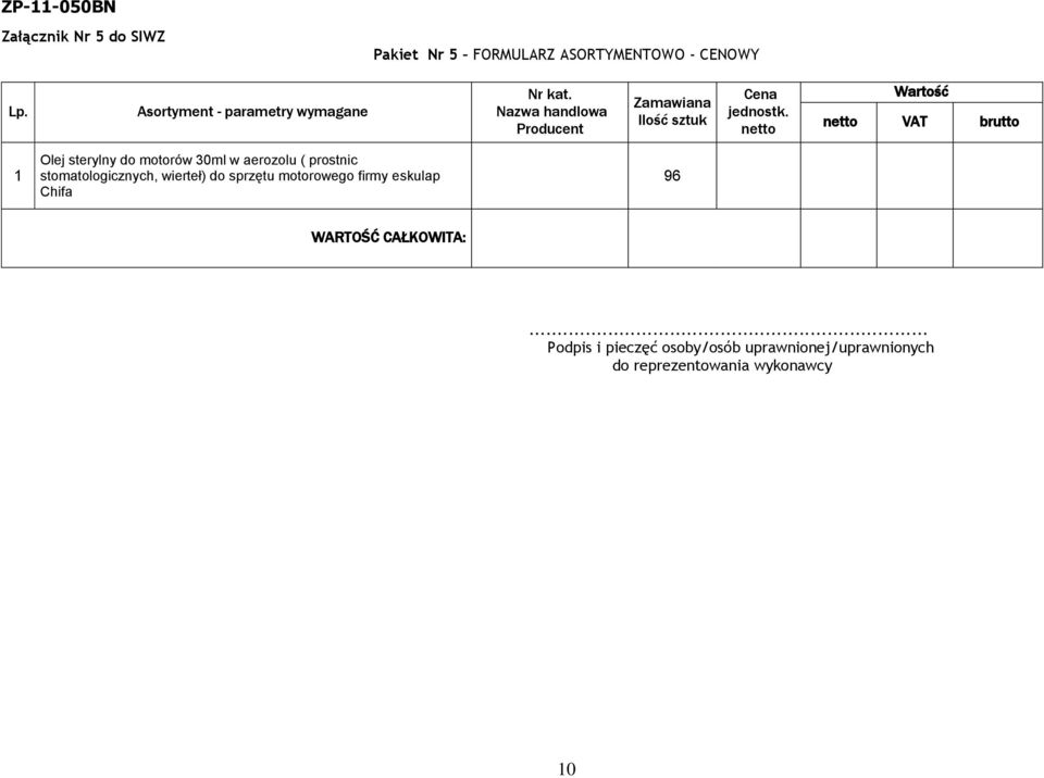 netto Wartość netto VAT brutto 1 Olej sterylny do motorów 30ml w aerozolu ( prostnic stomatologicznych,