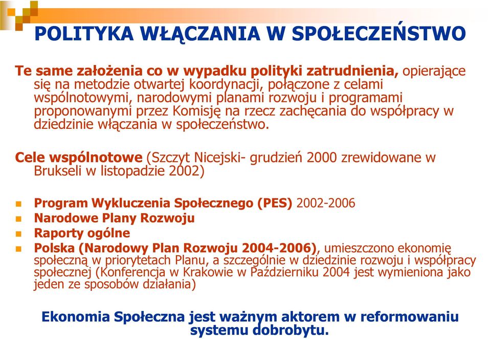 Cele wspólnotowe (Szczyt Nicejski- grudzień 2000 zrewidowane w Brukseli w listopadzie 2002) Program Wykluczenia Społecznego (PES) 2002-2006 Narodowe Plany Rozwoju Raporty ogólne Polska (Narodowy Plan