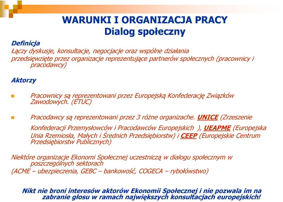 UNICE (Zrzeszenie Konfederacji Przemysłowców i Pracodawców Europejskich ), UEAPME (Europejska Unia Rzemiosła, Małych i Średnich Przedsiębiorstw) i CEEP (Europejskie Centrum Przedsiębiorstw