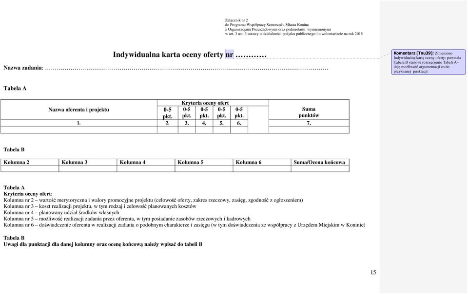 Tabela B stanowi rozszerzenie Tabeli A daję możliwość argumentacji co do przyznanej punktacji Tabela A Kryteria oceny ofert Nazwa oferenta i projektu 0-5 pkt. 0-5 pkt. 0-5 pkt. 0-5 pkt. 0-5 pkt. Suma punktów 1.