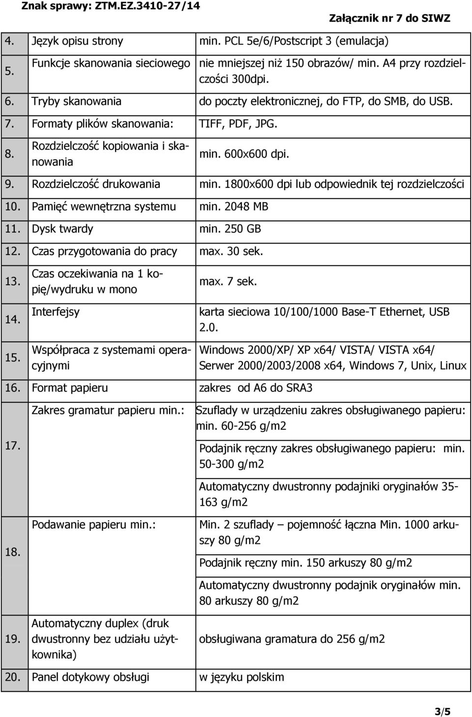 Rozdzielczość drukowania min. 1800x600 dpi lub odpowiednik tej rozdzielczości 10. Pamięć wewnętrzna systemu min. 2048 MB 11. Dysk twardy min. 250 GB 12. Czas przygotowania do pracy max. 30 sek. 13.