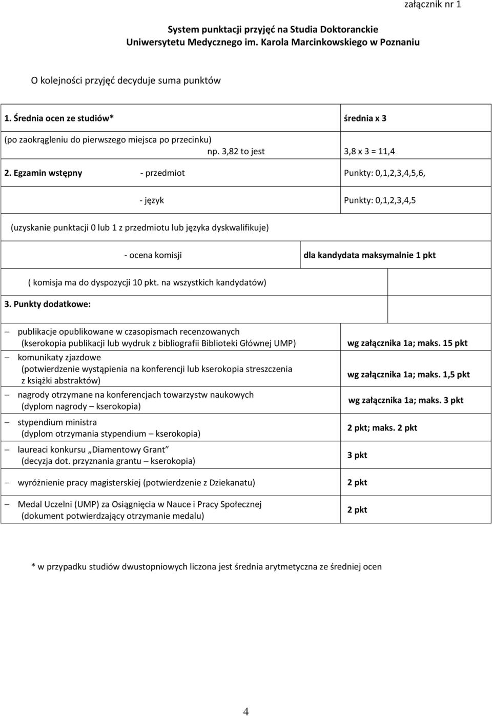 Egzamin wstępny - przedmiot Punkty: 0,1,2,3,4,5,6, - język Punkty: 0,1,2,3,4,5 (uzyskanie punktacji 0 lub 1 z przedmiotu lub języka dyskwalifikuje) - ocena komisji dla kandydata maksymalnie 1 (