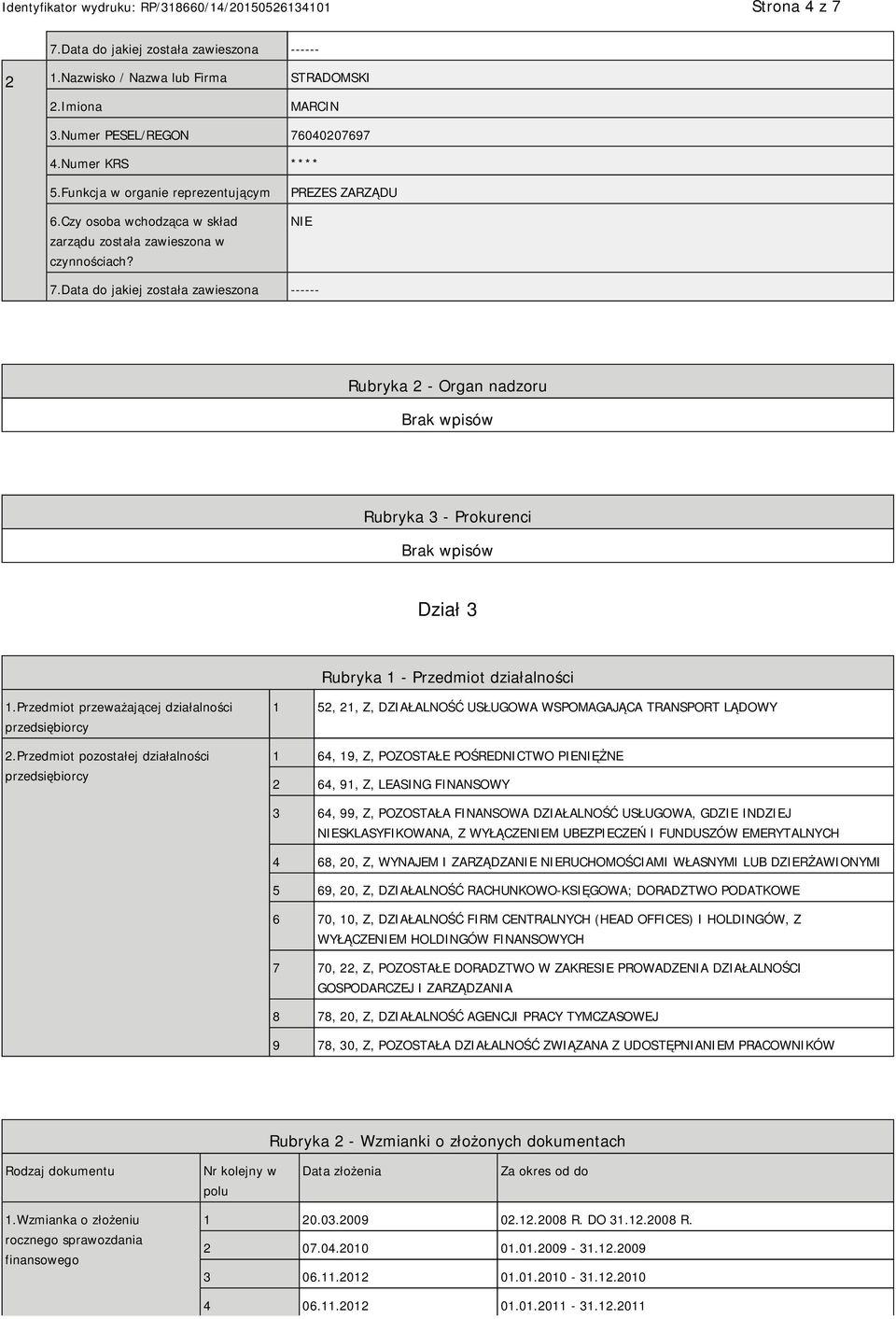 Data do jakiej została zawieszona ------ Rubryka 2 - Organ nadzoru Rubryka 3 - Prokurenci Dział 3 Rubryka 1 - Przedmiot działalności 1.Przedmiot przeważającej działalności przedsiębiorcy 2.