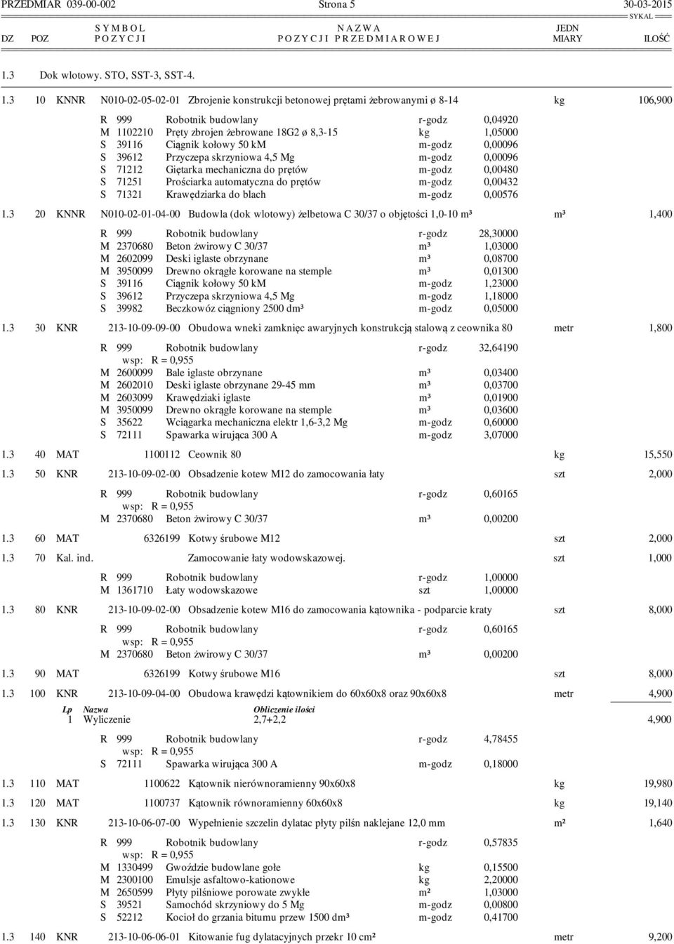 3 10 KNNR N010-02-05-02-01 Zbrojenie konstrukcji betonowej prętami żebrowanymi ø 8-14 kg 106,900 R 999 Robotnik budowlany r-godz 0,04920 M 1102210 Pręty zbrojen żebrowane 18G2 ø 8,3-15 kg 1,05000 S