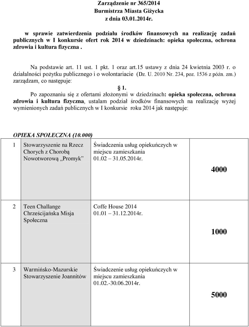 11 ust. 1 pkt. 1 oraz art.15 ustawy z dnia 24 kwietnia 2003 r. o działalności pożytku publicznego i o wolontariacie (Dz. U. 2010 Nr. 234, poz. 1536 z późn. zm.) zarządzam, co następuje: 1.