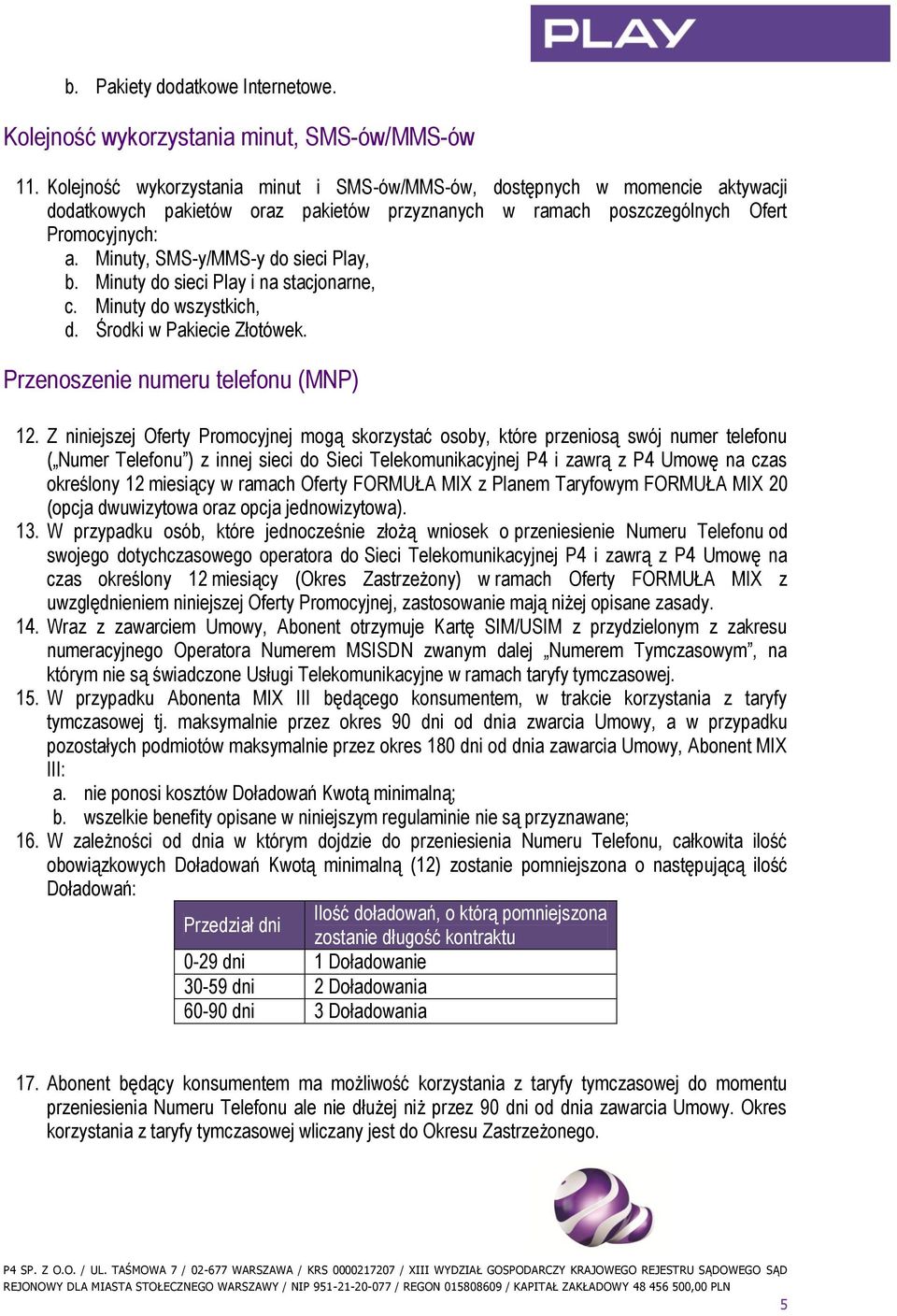 Minuty, SMS-y/MMS-y do sieci Play, b. Minuty do sieci Play i na stacjonarne, c. Minuty do wszystkich, d. Środki w Pakiecie Złotówek. Przenoszenie numeru telefonu (MNP) 12.