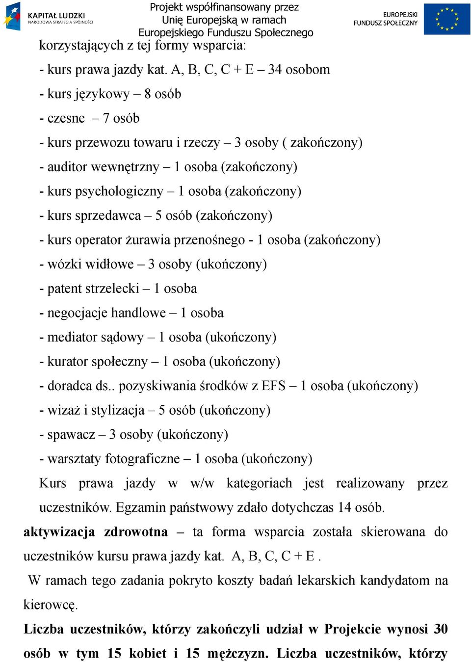 (zakończony) - kurs sprzedawca 5 osób (zakończony) - kurs operator żurawia przenośnego - 1 osoba (zakończony) - wózki widłowe 3 osoby (ukończony) - patent strzelecki 1 osoba - negocjacje handlowe 1