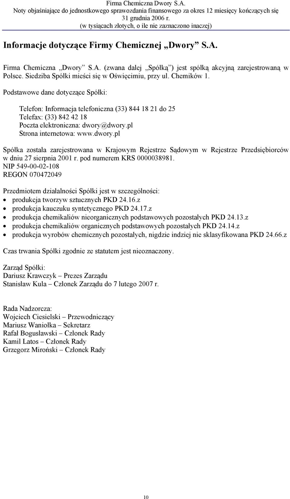 dwory.pl Strona internetowa: www.dwory.pl Spółka została zarejestrowana w Krajowym Rejestrze Sądowym w Rejestrze Przedsiębiorców w dniu 27 sierpnia 2001 r. pod numerem KRS 0000038981.