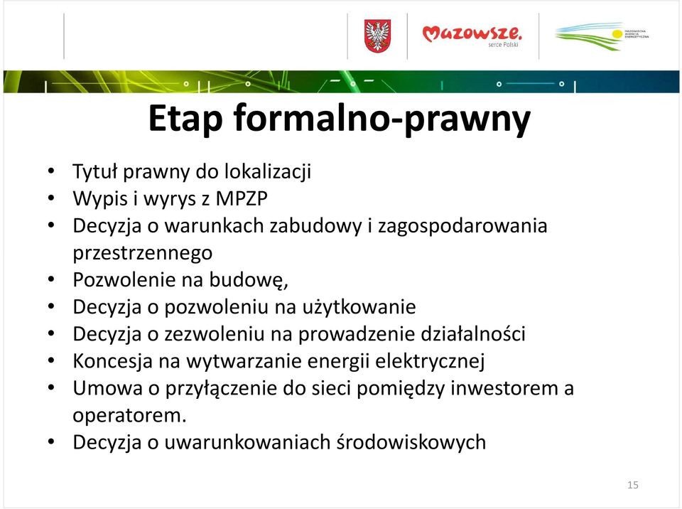 użytkowanie Decyzja o zezwoleniu na prowadzenie działalności Koncesja na wytwarzanie energii