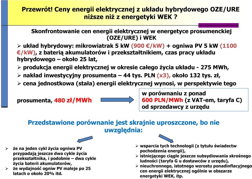 przekształtnikiem, czas pracy układu hybrydowego około 25 lat, produkcja energii elektrycznej w okresie całego życia układu - 275 MWh, nakład inwestycyjny prosumenta 44 tys. PLN (x3), około 132 tys.