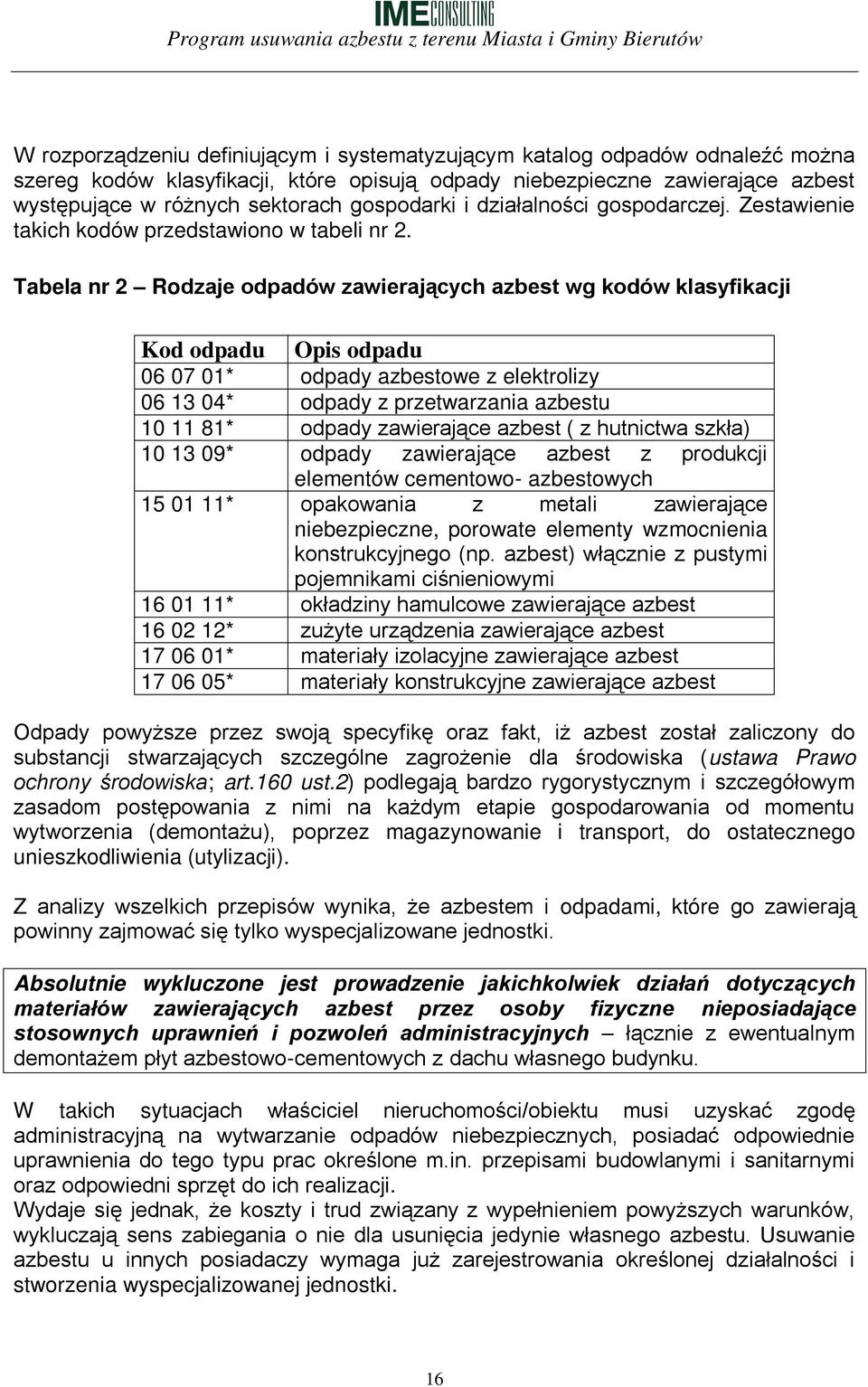 Tabela nr 2 Rodzaje odpadów zawierających azbest wg kodów klasyfikacji Kod odpadu Opis odpadu 06 07 01* odpady azbestowe z elektrolizy 06 13 04* odpady z przetwarzania azbestu 10 11 81* odpady