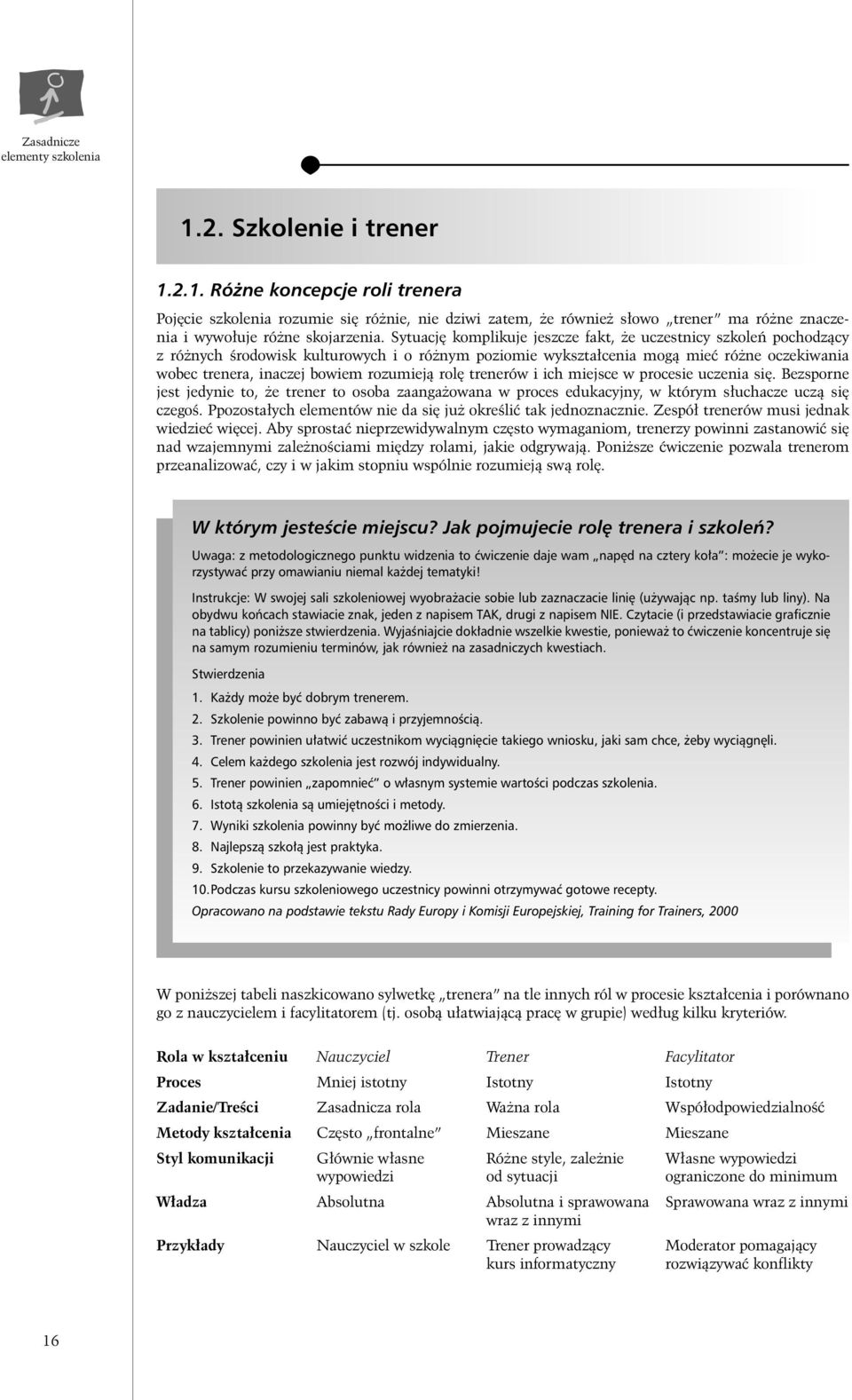rol trenerów i ich miejsce w procesie uczenia si. Bezsporne jest jedynie to, e trener to osoba zaanga owana w proces edukacyjny, w którym s uchacze uczà si czegoê.