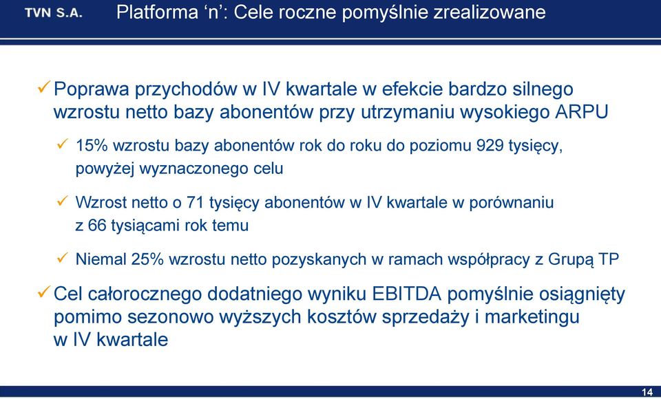 netto o 71 tysięcy abonentów w IV kwartale w porównaniu z 66 tysiącami rok temu Niemal 25% wzrostu netto pozyskanych w ramach współpracy