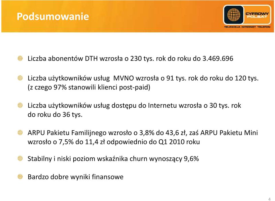 (z czego 97% stanowili klienci post-paid) Liczba użytkowników usług dostępu do Internetu wzrosła o 30 tys.