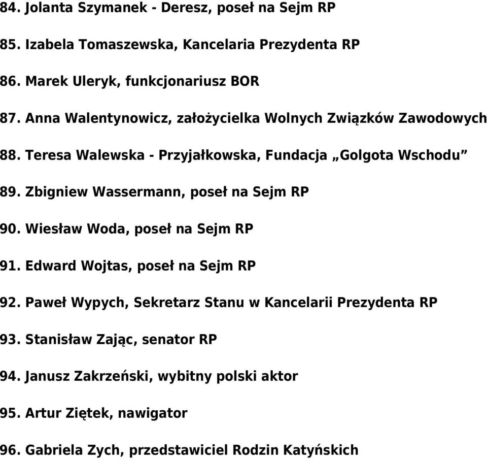 Zbigniew Wassermann, poseł na Sejm RP 90. Wiesław Woda, poseł na Sejm RP 91. Edward Wojtas, poseł na Sejm RP 92.