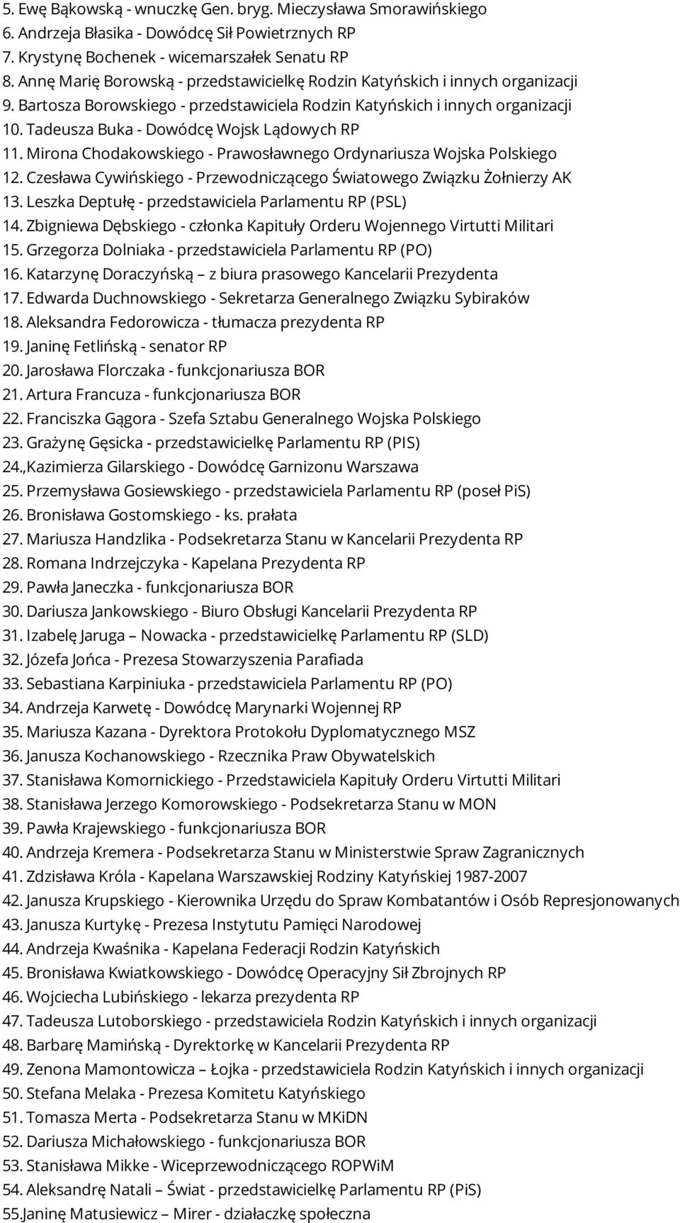 Tadeusza Buka - Dowódcę Wojsk Lądowych RP 11. Mirona Chodakowskiego - Prawosławnego Ordynariusza Wojska Polskiego 12. Czesława Cywińskiego - Przewodniczącego Światowego Związku Żołnierzy AK 13.