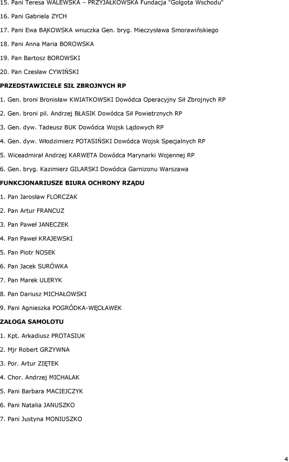 Andrzej BŁASIK Dowódca Sił Powietrznych RP 3. Gen. dyw. Tadeusz BUK Dowódca Wojsk Lądowych RP 4. Gen. dyw. Włodzimierz POTASIŃSKI Dowódca Wojsk Specjalnych RP 5.