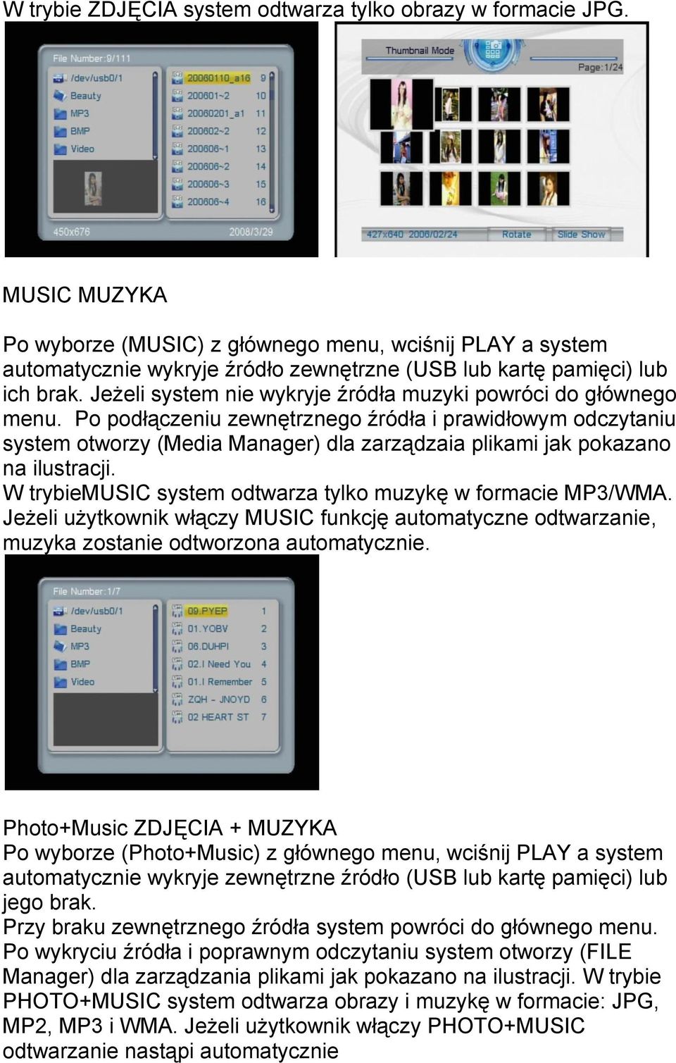 Jeżeli system nie wykryje źródła muzyki powróci do głównego menu.