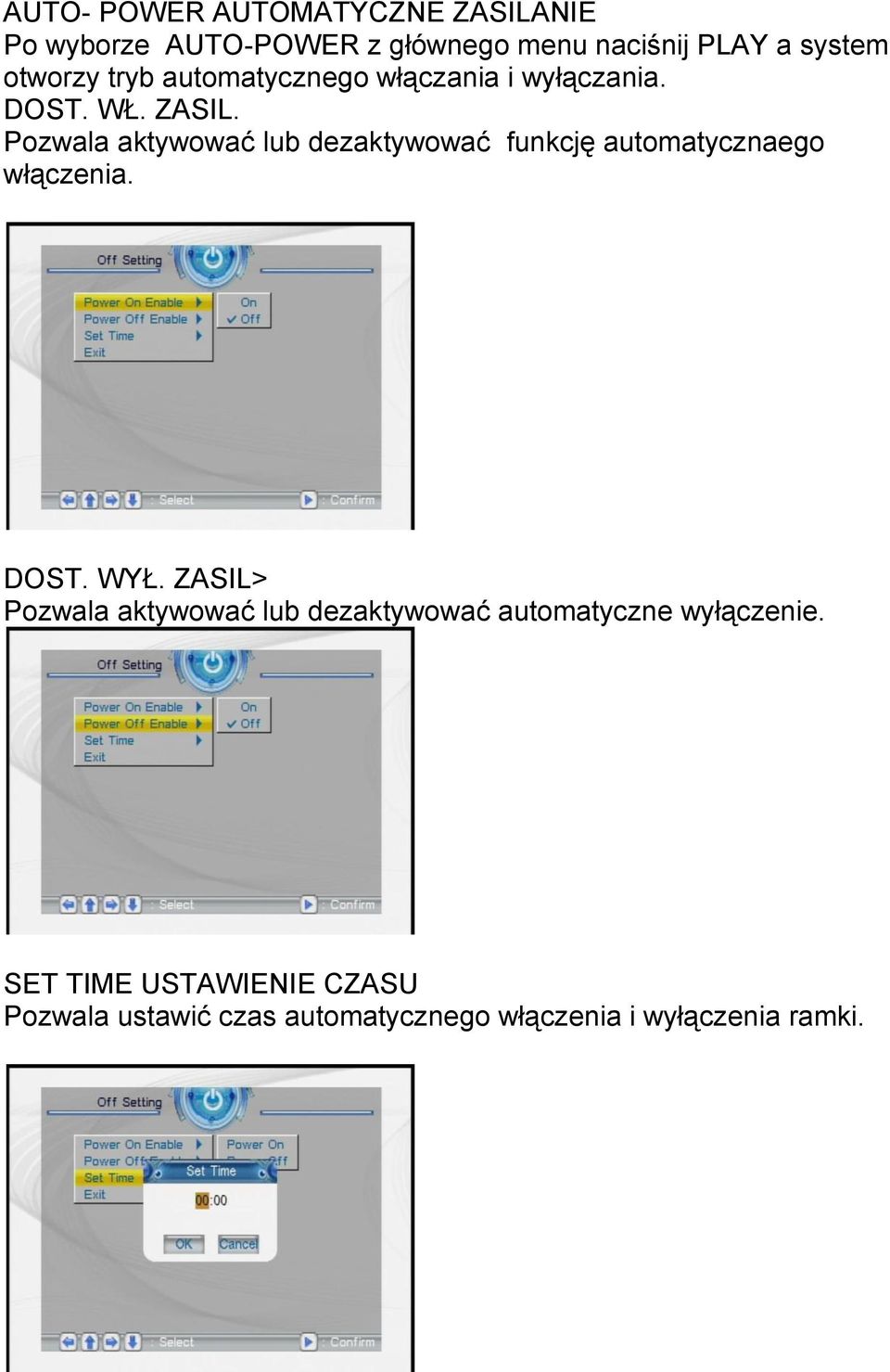 Pozwala aktywować lub dezaktywować funkcję automatycznaego włączenia. DOST. WYŁ.