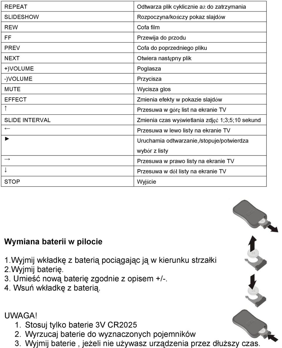 lewo listy na ekranie TV Uruchamia odtwarzanie,/stopuje/potwierdza wybór z listy Przesuwa w prawo listy na ekranie TV Przesuwa w dół listy na ekranie TV Wyjście Wymiana baterii w pilocie 1.