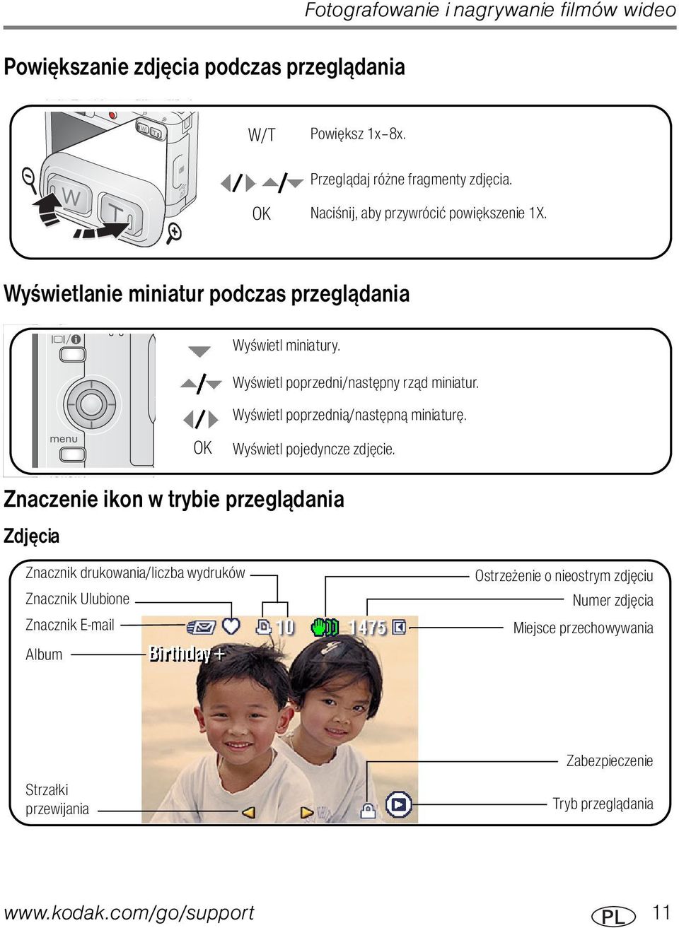 Wyświetl poprzednią/następną miniaturę. OK Wyświetl pojedyncze zdjęcie.