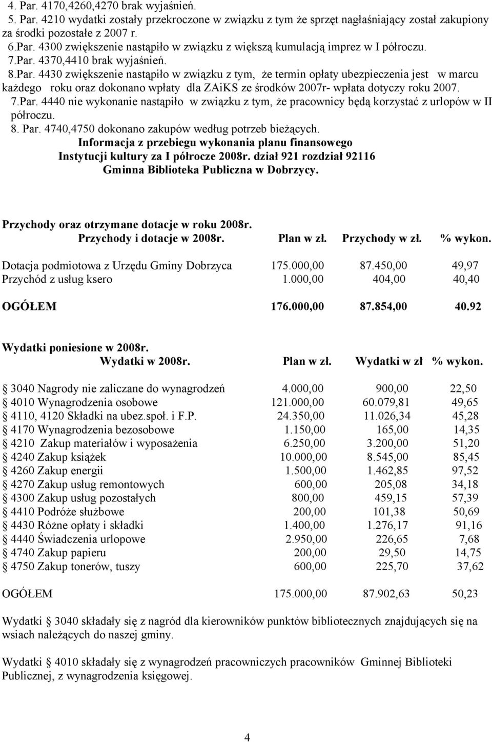 7.Par. 4440 nie wykonanie nastąpiło w związku z tym, że pracownicy będą korzystać z urlopów w II półroczu. 8. Par. 4740,4750 dokonano zakupów według potrzeb bieżących.