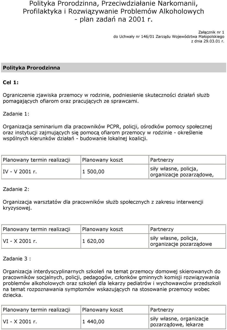Polityka Prorodzinna Cel 1: Ograniczenie zjawiska przemocy w rodzinie, podniesienie skuteczności działań służb pomagających ofiarom oraz pracujących ze sprawcami.