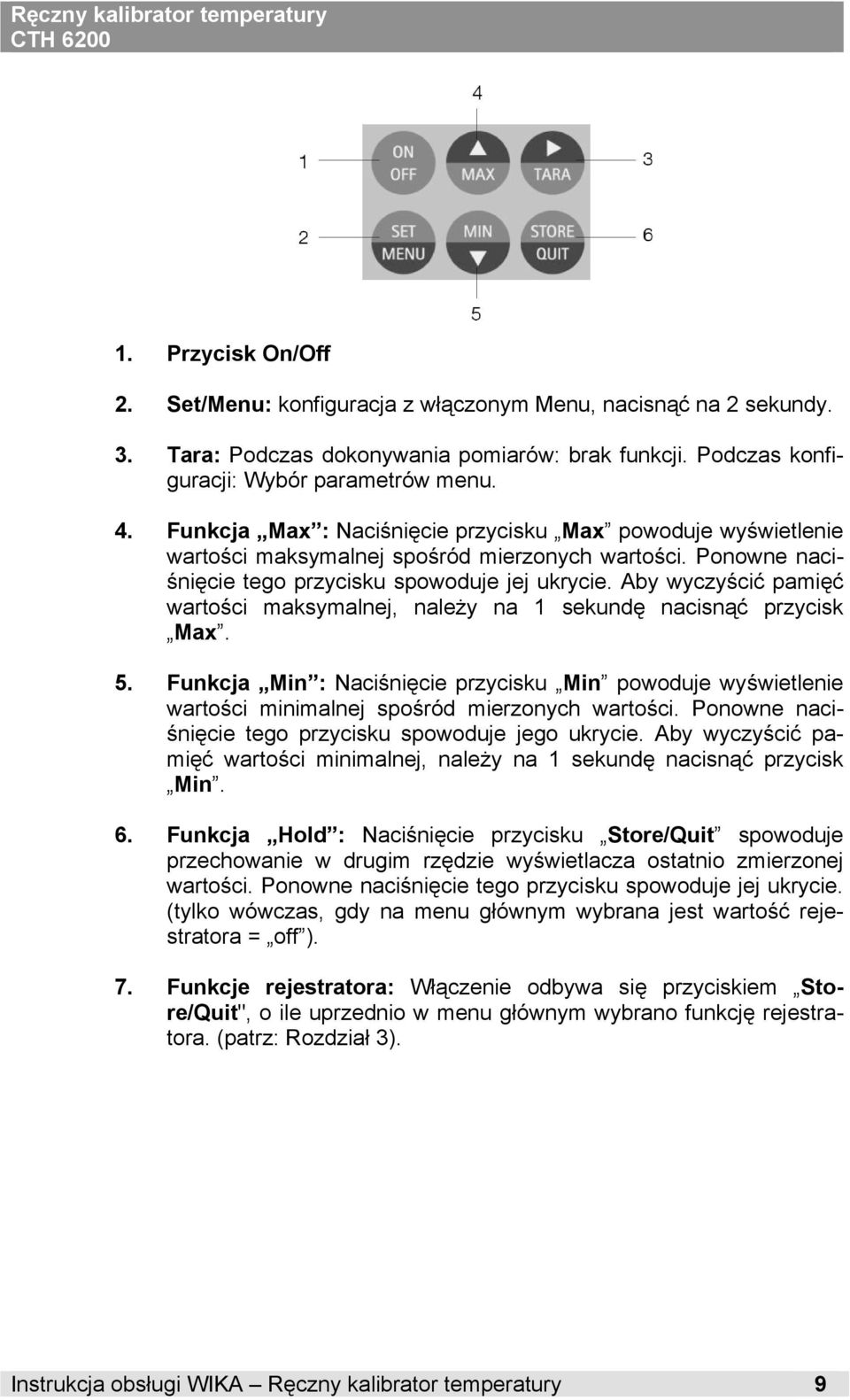Aby wyczyścić pamięć wartości maksymalnej, należy na 1 sekundę nacisnąć przycisk Max. 5. Funkcja Min : Naciśnięcie przycisku Min powoduje wyświetlenie wartości minimalnej spośród mierzonych wartości.