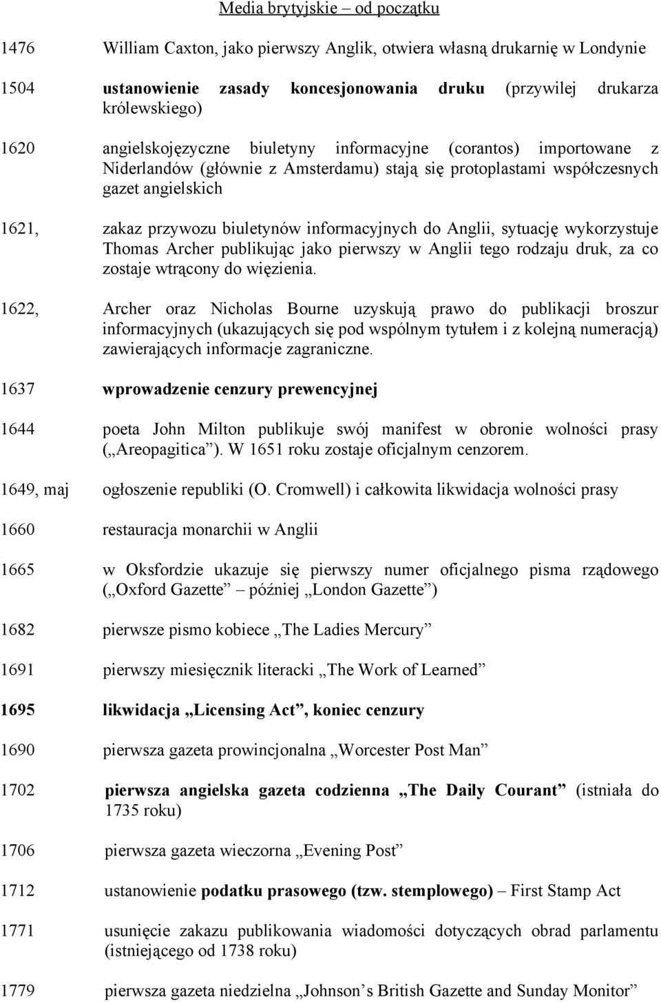 informacyjnych do Anglii, sytuację wykorzystuje Thomas Archer publikując jako pierwszy w Anglii tego rodzaju druk, za co zostaje wtrącony do więzienia.