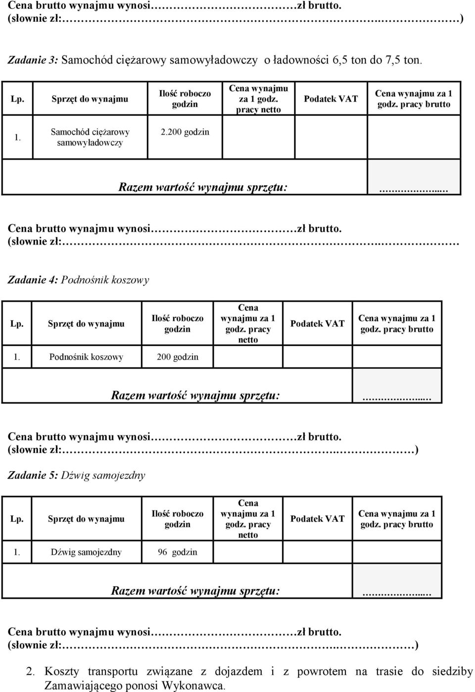 pracy netto 1. Podnośnik koszowy 200 (słownie zł:. ) Zadanie 5: Dźwig samojezdny Cena wynajmu za 1 godz.