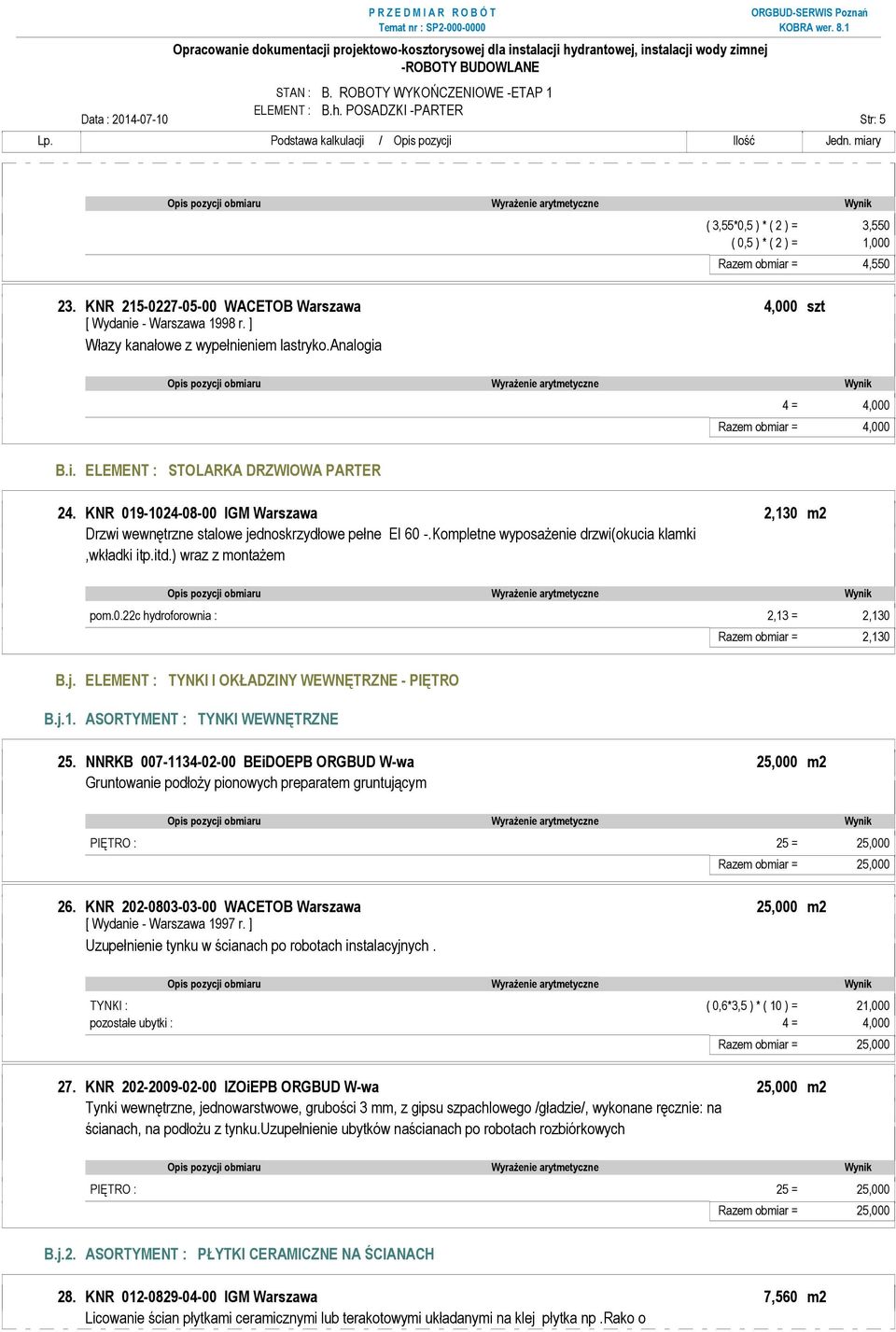 KNR 019-1024-08-00 IGM Warszawa 2,130 m2 Drzwi wewnętrzne stalowe jednoskrzydłowe pełne EI 60 -.Kompletne wyposażenie drzwi(okucia klamki,wkładki itp.itd.) wraz z montażem pom.0.22c hydroforownia : 2,13 = 2,130 Razem obmiar = 2,130 B.