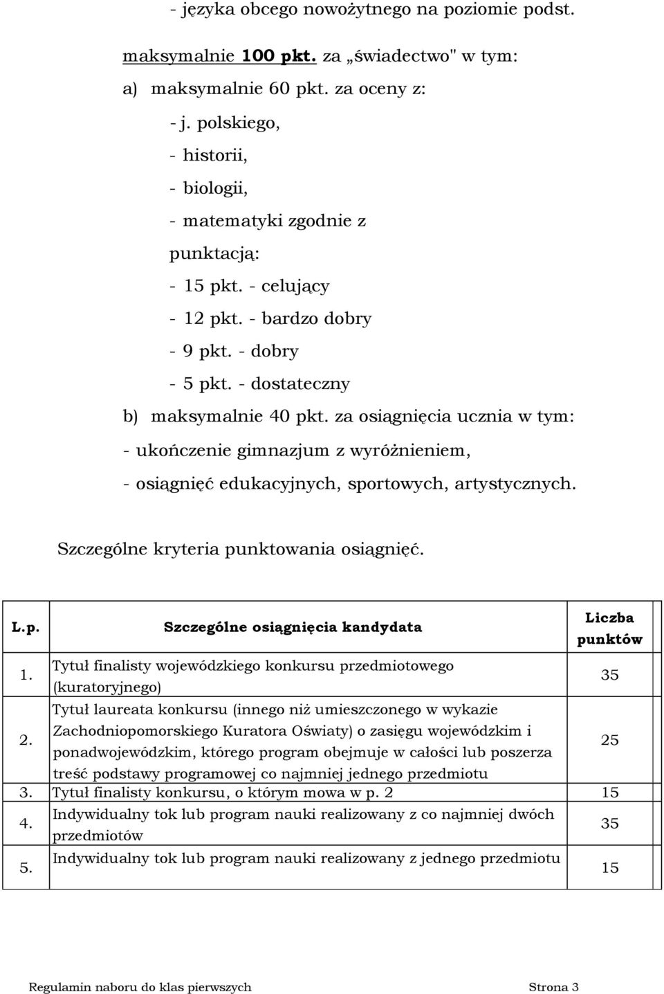 za osiągnięcia ucznia w tym: - ukończenie gimnazjum z wyróżnieniem, - osiągnięć edukacyjnych, sportowych, artystycznych. Szczególne kryteria punktowania osiągnięć. L.p. Szczególne osiągnięcia kandydata Liczba punktów 1.