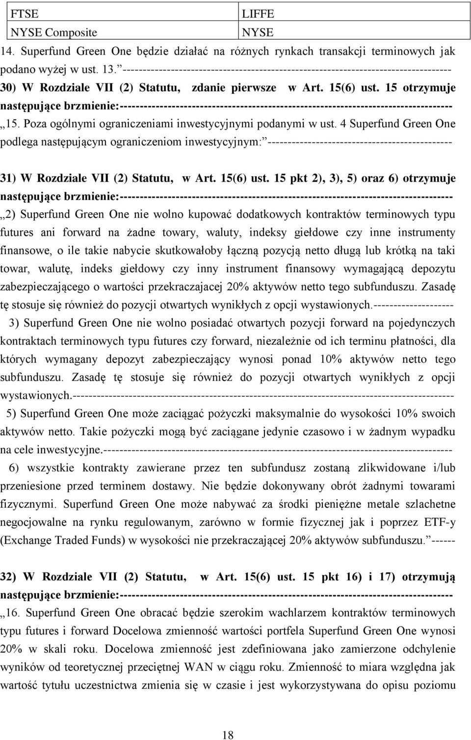 15 otrzymuje następujące brzmienie:----------------------------------------------------------------------------------- 15. Poza ogólnymi ograniczeniami inwestycyjnymi podanymi w ust.