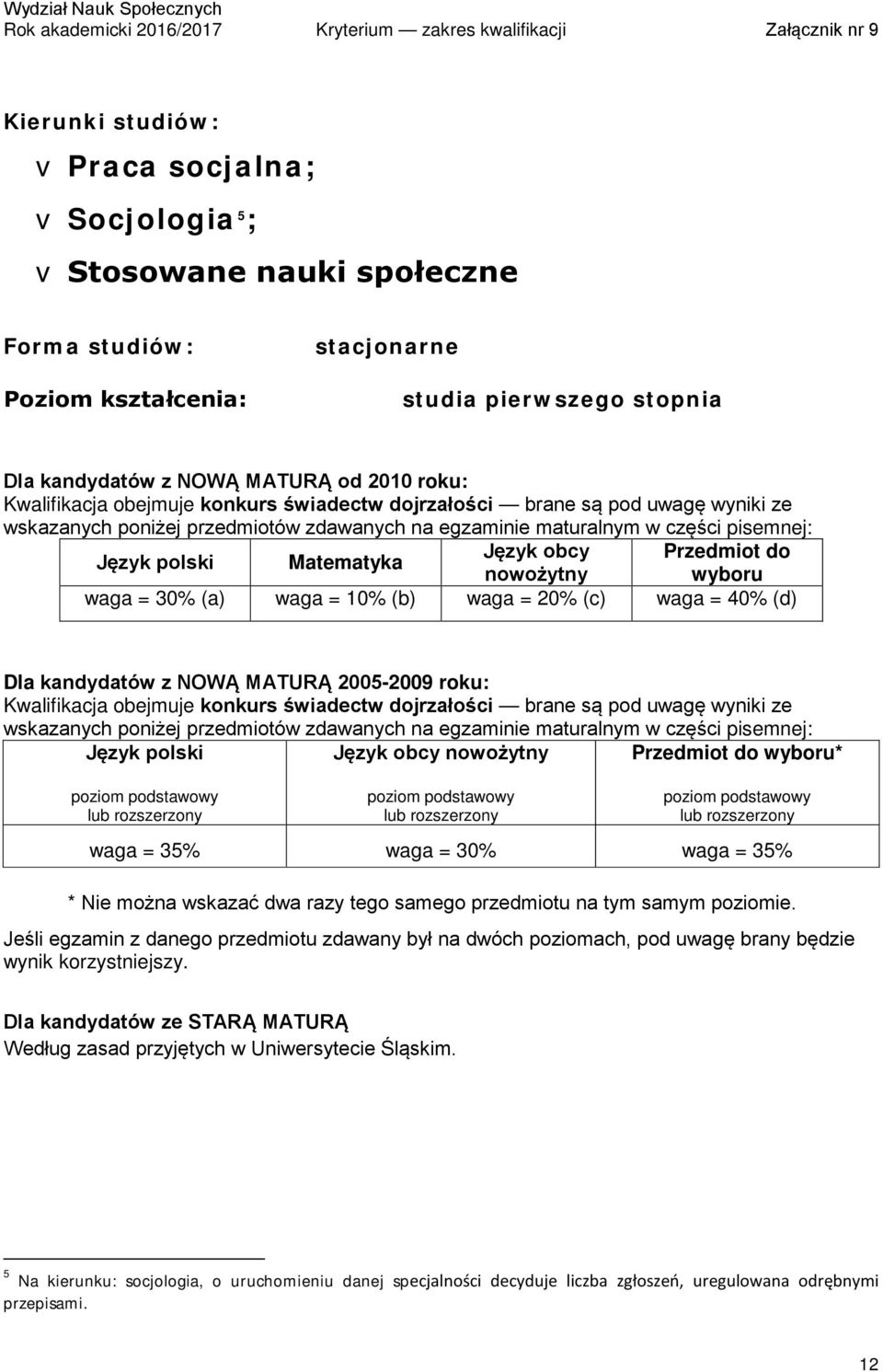 35% * Nie można wskazać dwa razy tego samego przedmiotu na tym samym poziomie. Jeśli egzamin z danego przedmiotu zdawany był na dwóch poziomach, pod uwagę brany będzie wynik korzystniejszy.