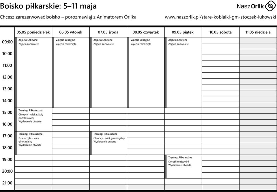 05 środa 08.05 czwartek 09.05 piątek 10.