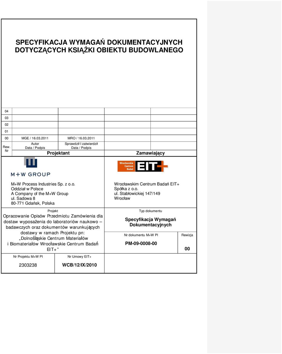 Sadowa 8 80-771 Gda sk, Polska Projekt Opracowanie Opisów Przedmiotu Zamówienia dla dostaw wyposa enia do laboratoriów naukowo badawczych oraz dokumentów warunkuj cych dostawy w ramach Projektu pn: