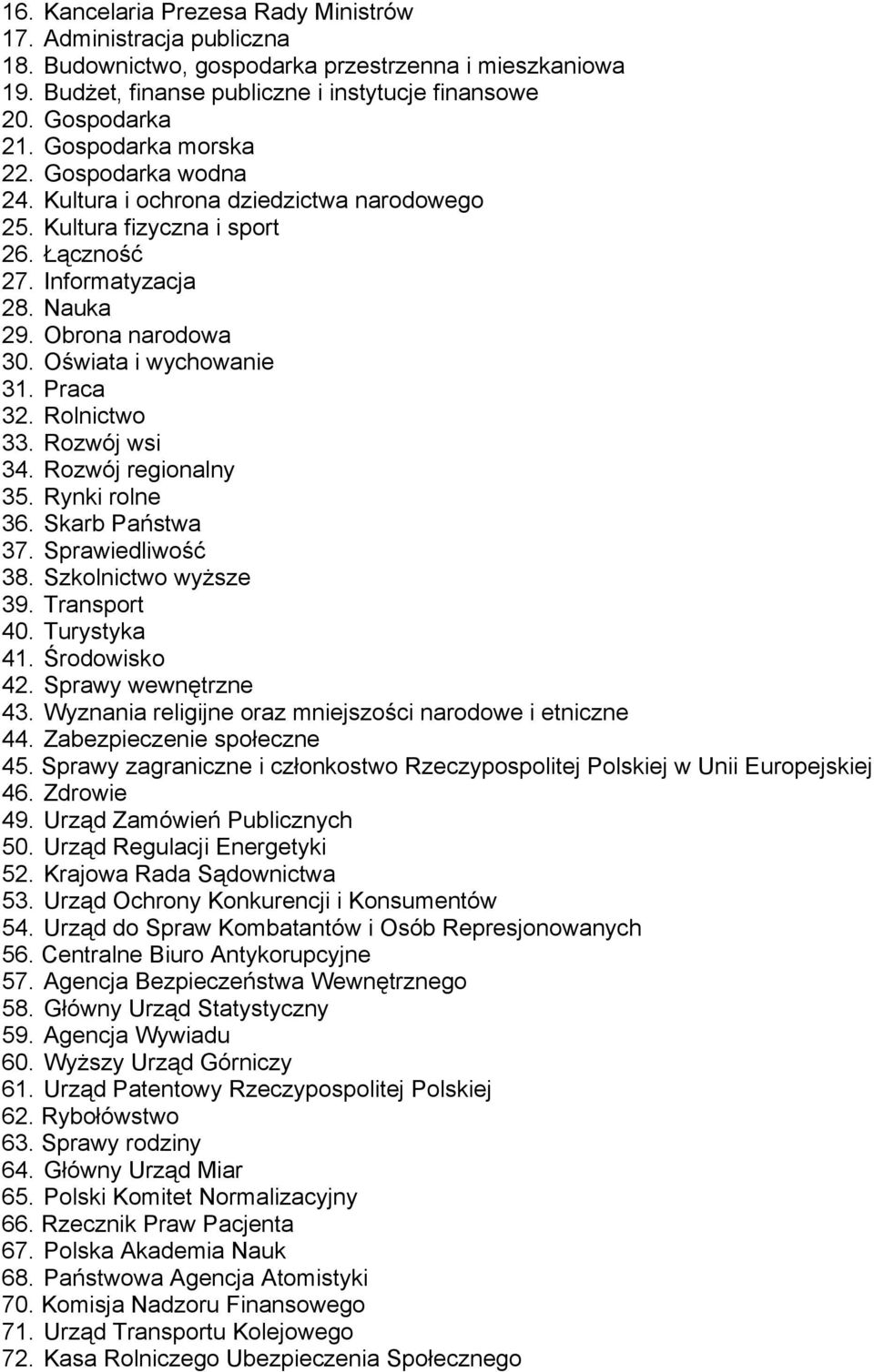 Oświata i wychowanie 31. Praca 32. Rolnictwo 33. Rozwój wsi 34. Rozwój regionalny 35. Rynki rolne 36. Skarb Państwa 37. Sprawiedliwość 38. Szkolnictwo wyższe 39. Transport 40. Turystyka 41.