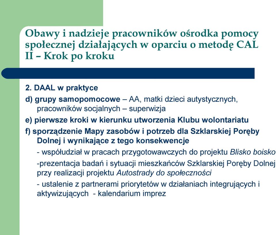 Klubu wolontariatu f) sporządzenie Mapy zasobów i potrzeb dla Szklarskiej Poręby Dolnej i wynikające z tego konsekwencje - współudział w