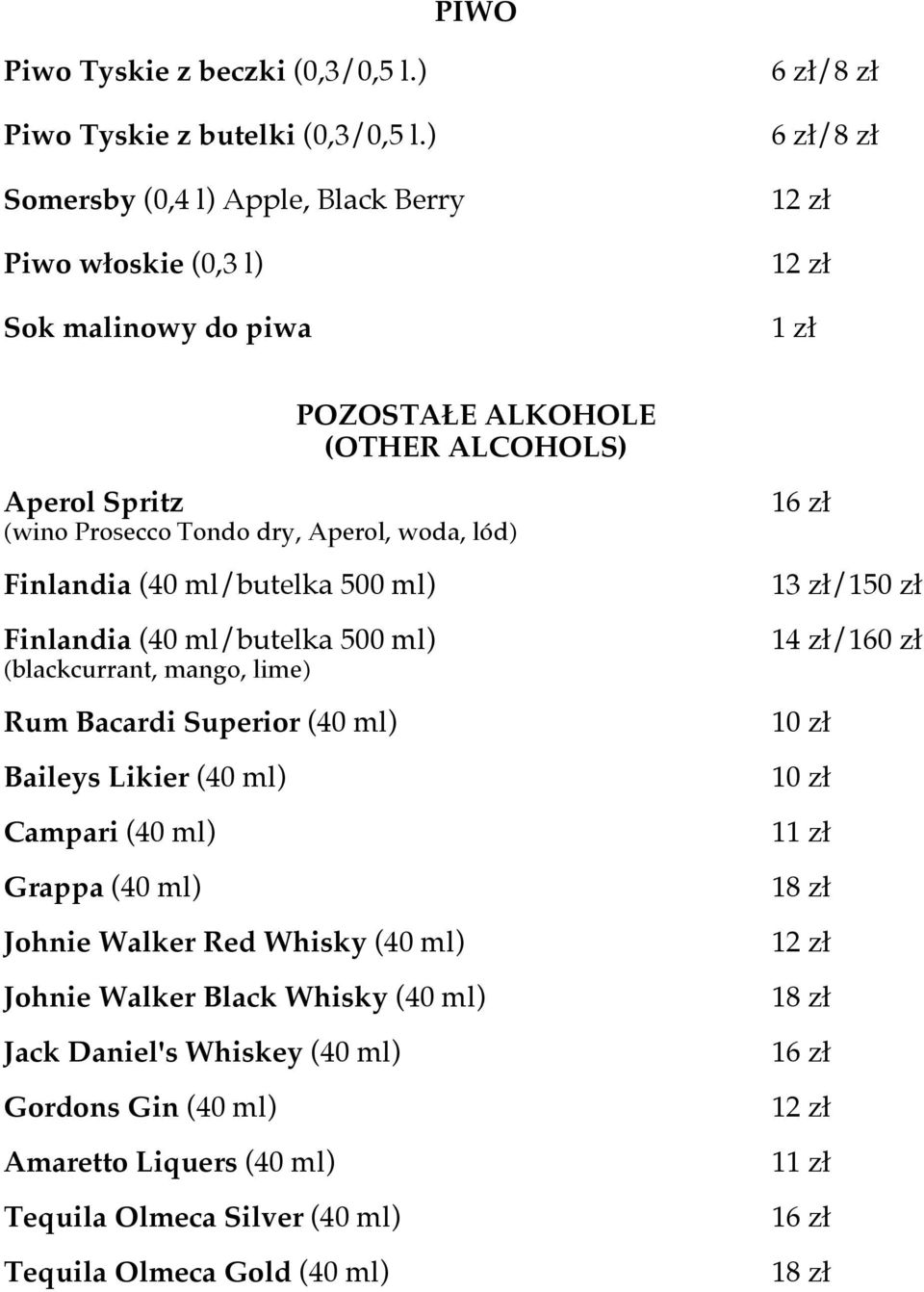 Aperol, woda, lód) Finlandia (40 ml/butelka 500 ml) Finlandia (40 ml/butelka 500 ml) (blackcurrant, mango, lime) Rum Bacardi Superior (40 ml) Baileys Likier (40 ml) Campari