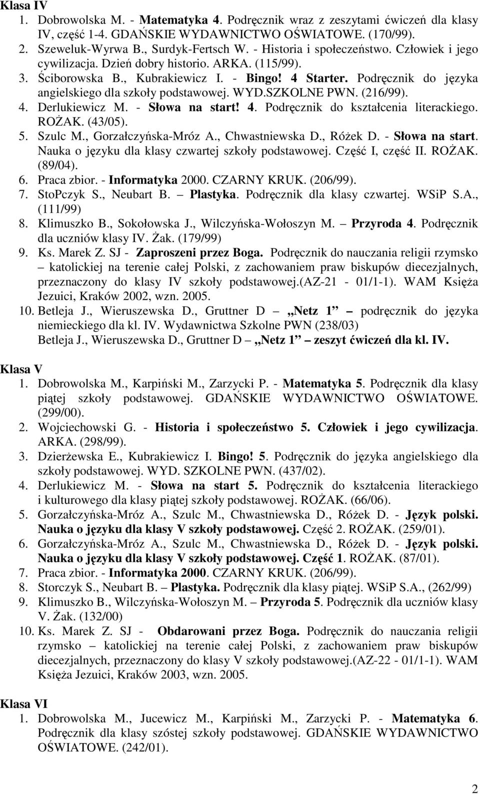 Podręcznik do języka angielskiego dla szkoły podstawowej. WYD.SZKOLNE PWN. (216/99). 4. Derlukiewicz M. - Słowa na start! 4. Podręcznik do kształcenia literackiego. ROśAK. (43/05). 5. Szulc M.