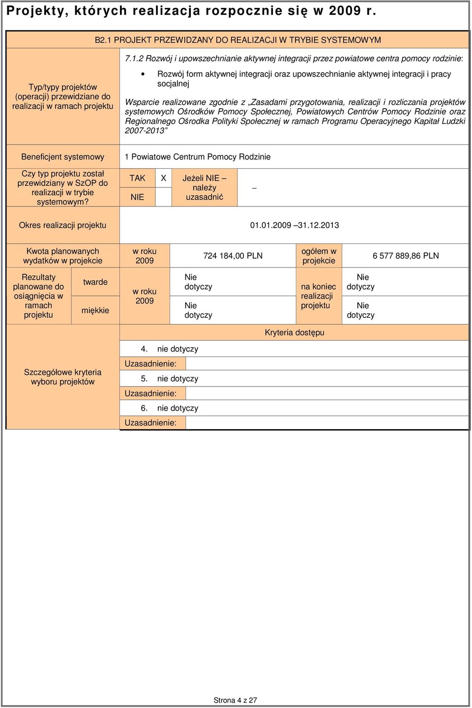 upowszechnianie aktywnej integracji i pracy socjalnej Wsparcie realizowane zgodnie z Zasadami przygotowania, realizacji i rozliczania projektów systemowych Ośrodków Pomocy Społecznej, Powiatowych