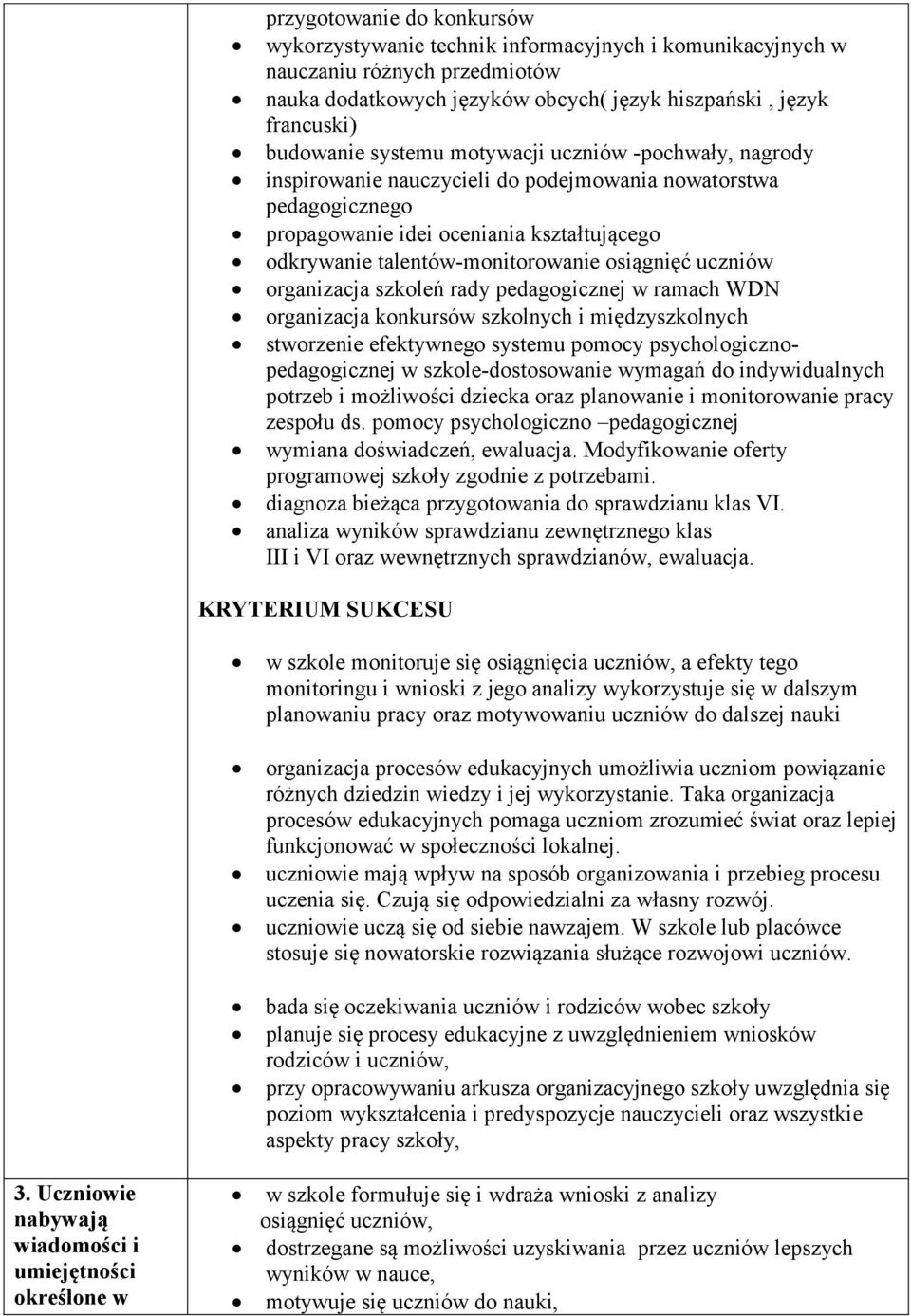 uczniów organizacja szkoleń rady pedagogicznej w ramach WDN organizacja konkursów szkolnych i międzyszkolnych stworzenie efektywnego systemu pomocy psychologicznopedagogicznej w szkole-dostosowanie