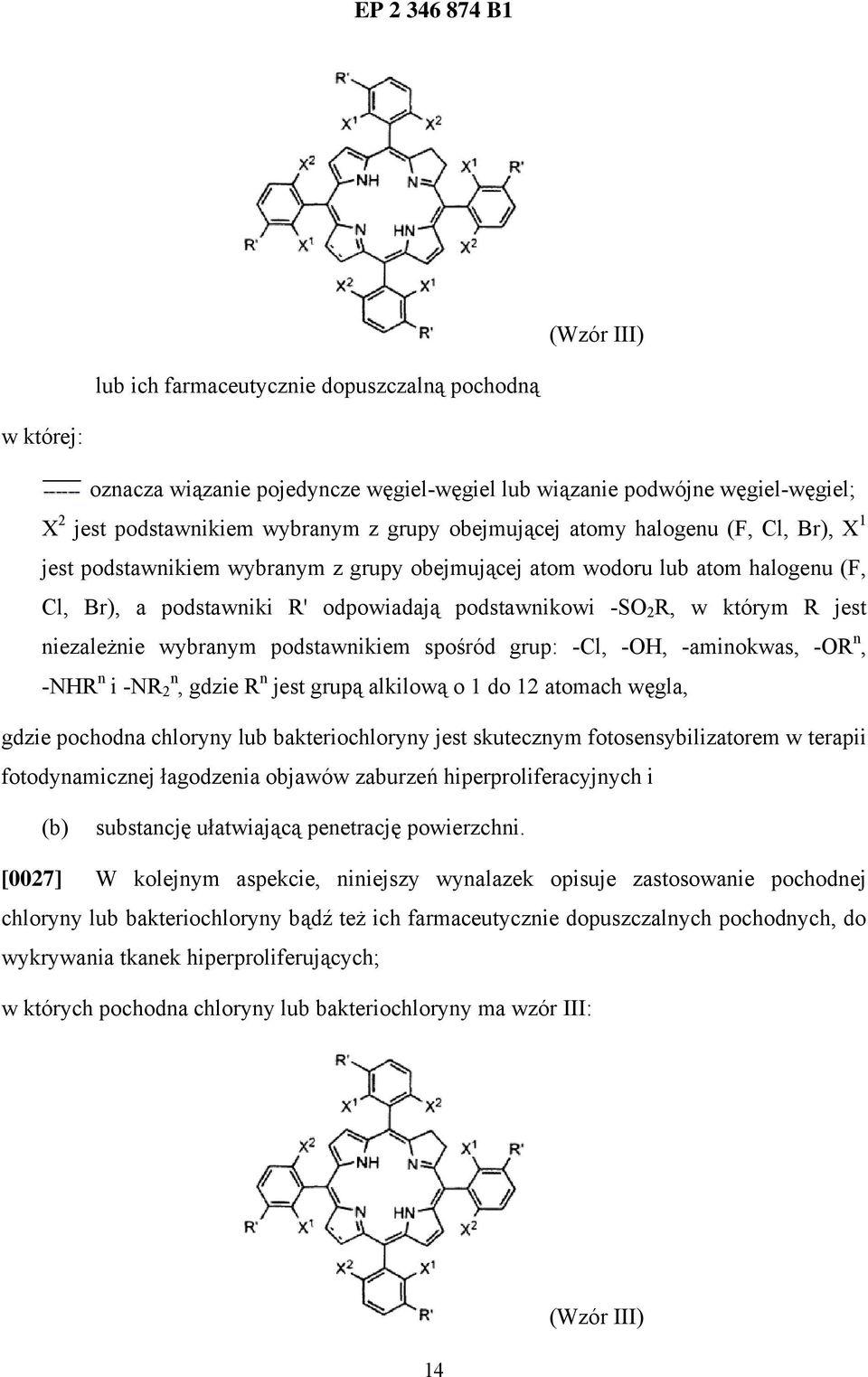 niezależnie wybranym podstawnikiem spośród grup: -Cl, -OH, -aminokwas, -OR n, -NHR n i -NR n 2, gdzie R n jest grupą alkilową o 1 do 12 atomach węgla, gdzie pochodna chloryny lub bakteriochloryny