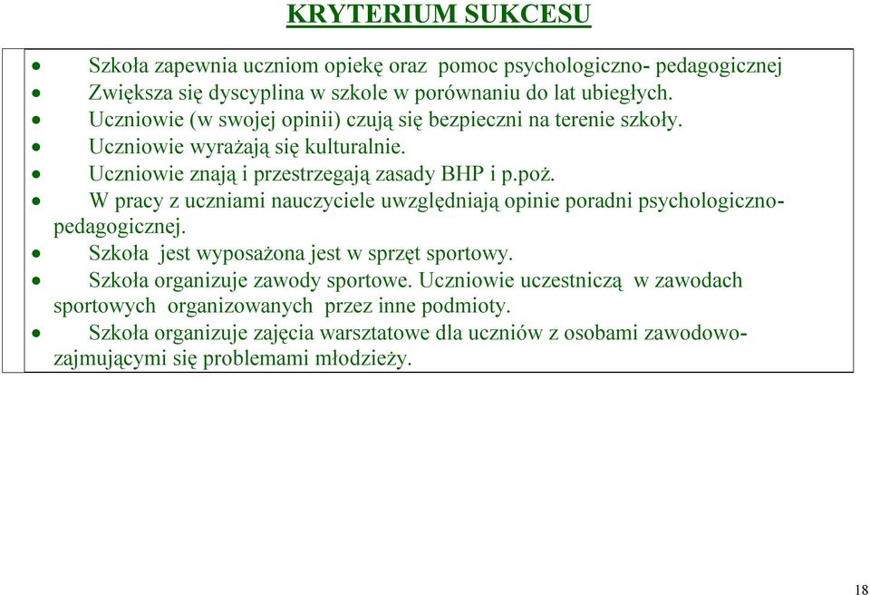 W pracy z uczniami uwzględniają opinie poradni psychologicznopedagogicznej. Szkoła jest wyposażona jest w sprzęt sportowy. Szkoła organizuje zawody sportowe.